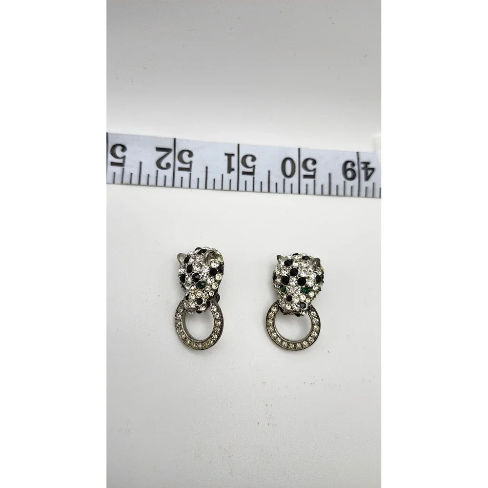 Kenneth Jay Lane Avon Leopard Clip Earrings Door Knocker Rhinestones VTG Jewelry - Picture 5 of 8